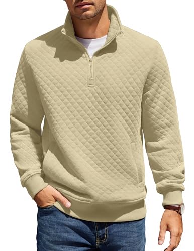 COOFANDY Mens Quarter Zip Pullover Quilted Sweatshirt Knit Long Sleeve Mock Neck Sweater Polo with Pocket