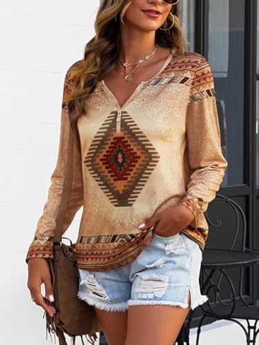 Womens Long Sleeve T Shirts Aztec Cow Print Western Henley Tops Ladies Graphic Tees Casual V Neck Loose Fit Blouse