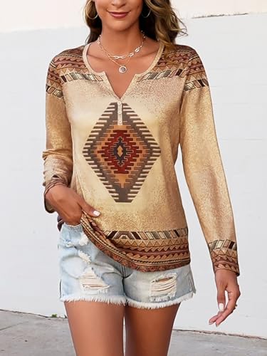 Womens Long Sleeve T Shirts Aztec Cow Print Western Henley Tops Ladies Graphic Tees Casual V Neck Loose Fit Blouse