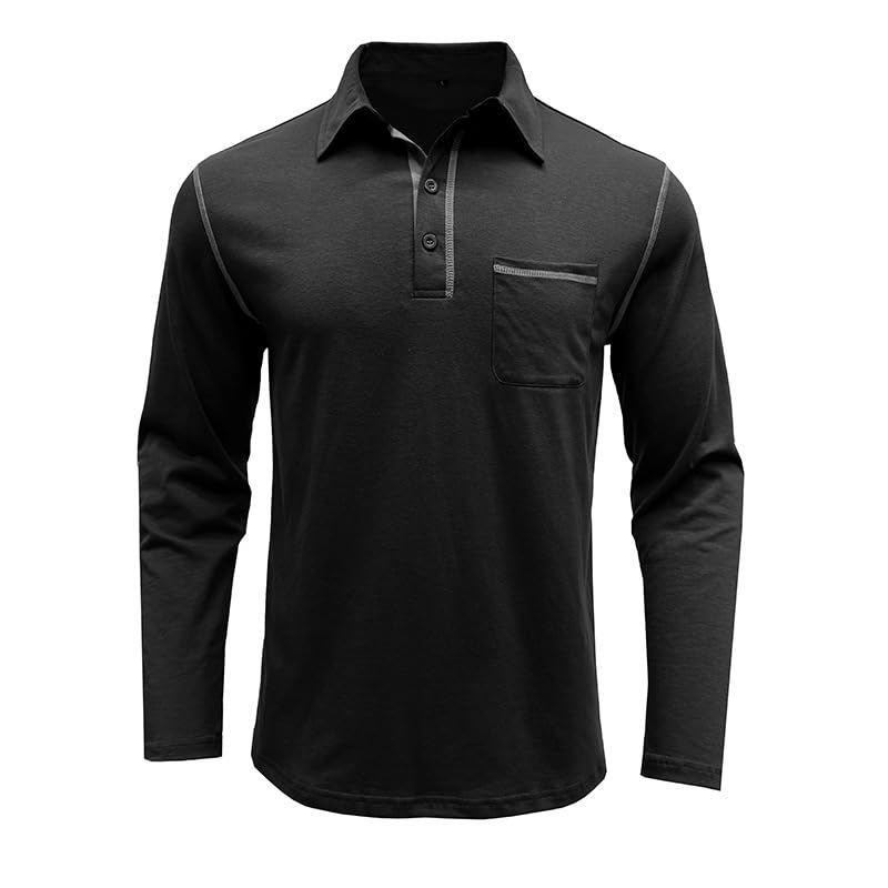 Men's Casual Polo Shirts Classic Long Sleeve Basic Button T-Shirt Lightweight Cotton Golf Tops with Pocket