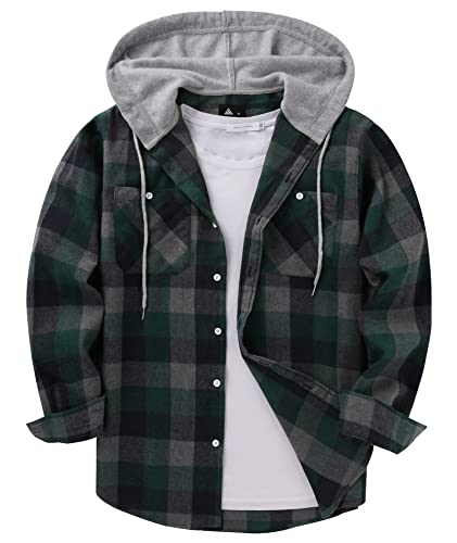 ZITY Men's Flannel Hoodie Shirts Casual Button Down Plaid Shirt Jackets for Men Long Sleeve Stylish Hooded with Pocket