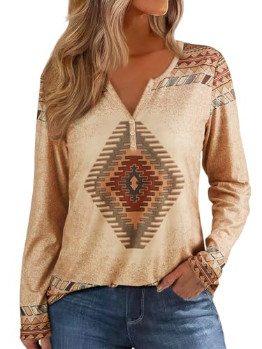 Womens Long Sleeve T Shirts Aztec Cow Print Western Henley Tops Ladies Graphic Tees Casual V Neck Loose Fit Blouse