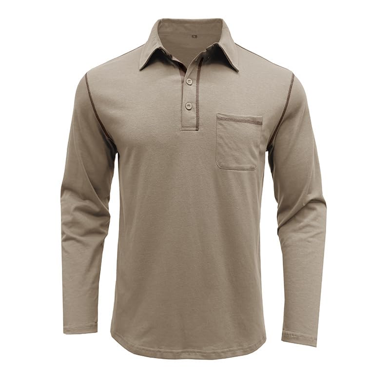 Men's Casual Polo Shirts Classic Long Sleeve Basic Button T-Shirt Lightweight Cotton Golf Tops with Pocket