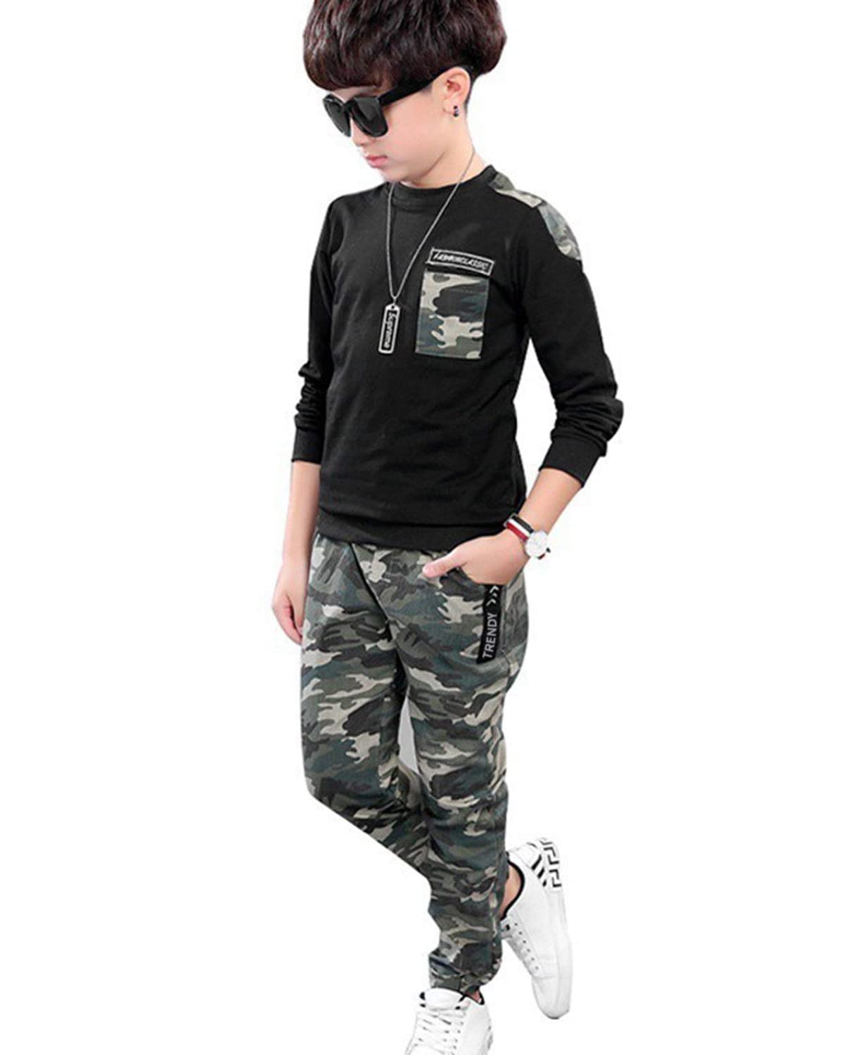 lontakids Boys 2 Pieces Set Long Sleeve Tops + Camouflage Pants Outfits Boys Clothes Set