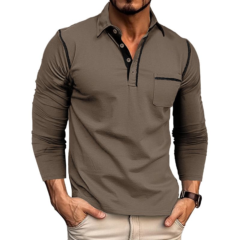 Men's Casual Polo Shirts Classic Long Sleeve Basic Button T-Shirt Lightweight Cotton Golf Tops with Pocket