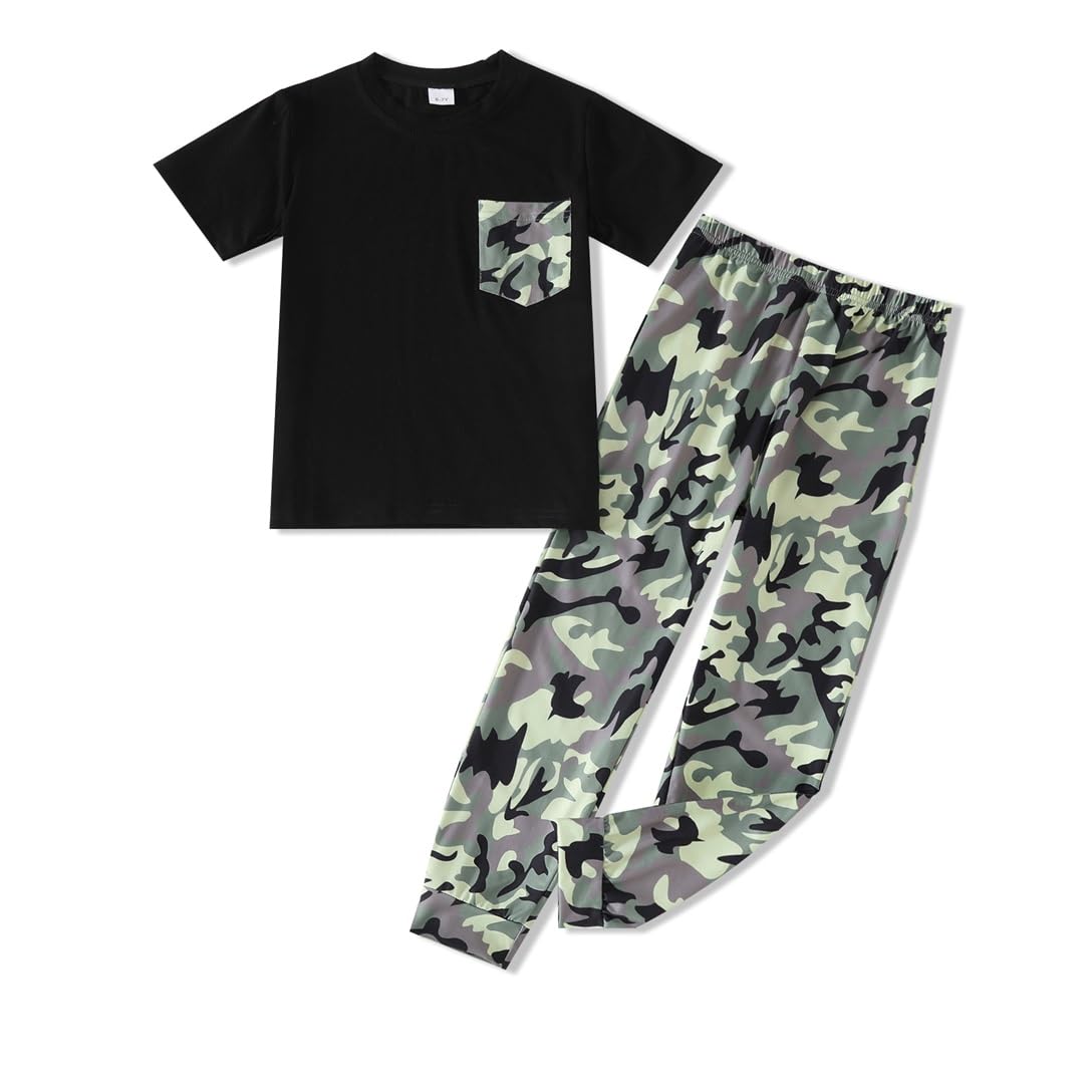 Boys 2 Piece Outfits Color Block Clothes Short Sleeve T Shirt and Camouflage Pants Summer Clothing Sets