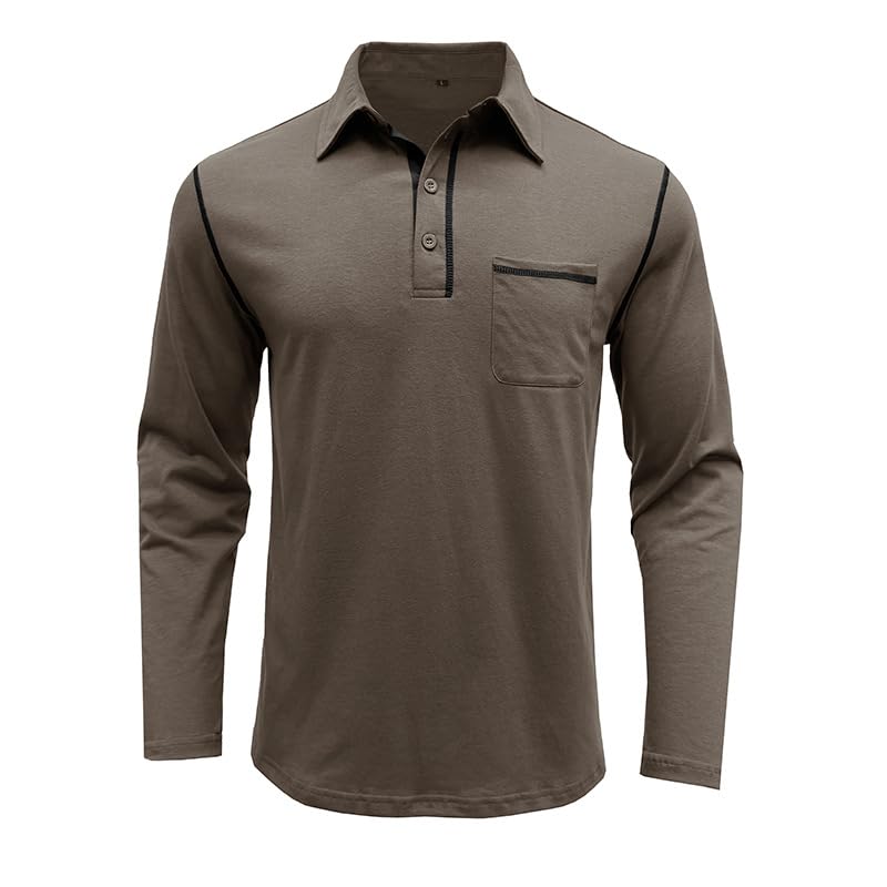 Men's Casual Polo Shirts Classic Long Sleeve Basic Button T-Shirt Lightweight Cotton Golf Tops with Pocket