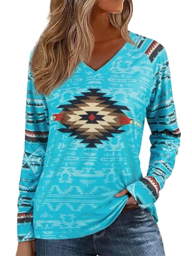 Womens Long Sleeve T Shirts Aztec Cow Print Western Henley Tops Ladies Graphic Tees Casual V Neck Loose Fit Blouse