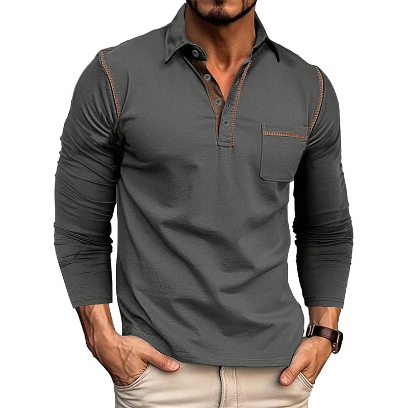 Men's Casual Polo Shirts Classic Long Sleeve Basic Button T-Shirt Lightweight Cotton Golf Tops with Pocket