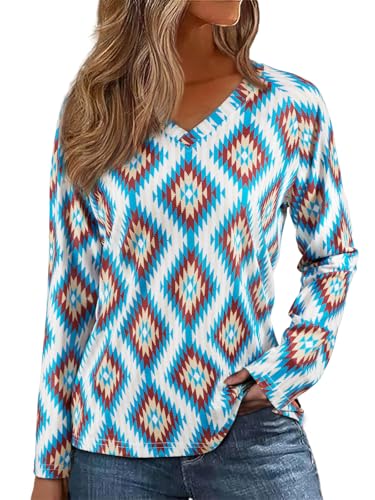 Womens Long Sleeve T Shirts Aztec Cow Print Western Henley Tops Ladies Graphic Tees Casual V Neck Loose Fit Blouse