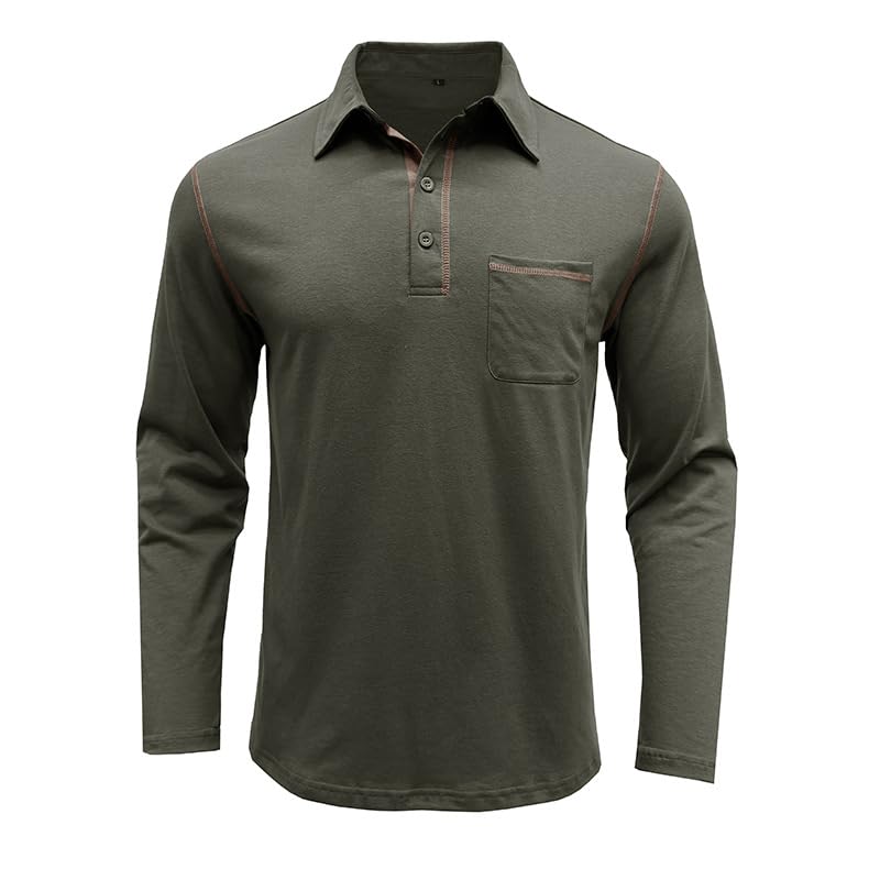 Men's Casual Polo Shirts Classic Long Sleeve Basic Button T-Shirt Lightweight Cotton Golf Tops with Pocket