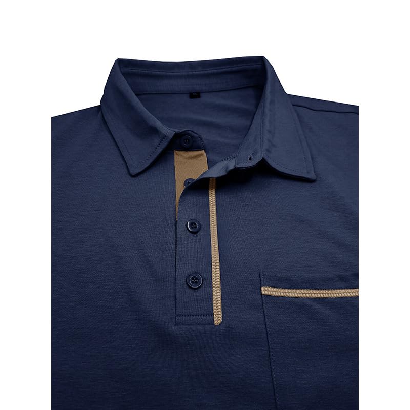 Men's Casual Polo Shirts Classic Long Sleeve Basic Button T-Shirt Lightweight Cotton Golf Tops with Pocket