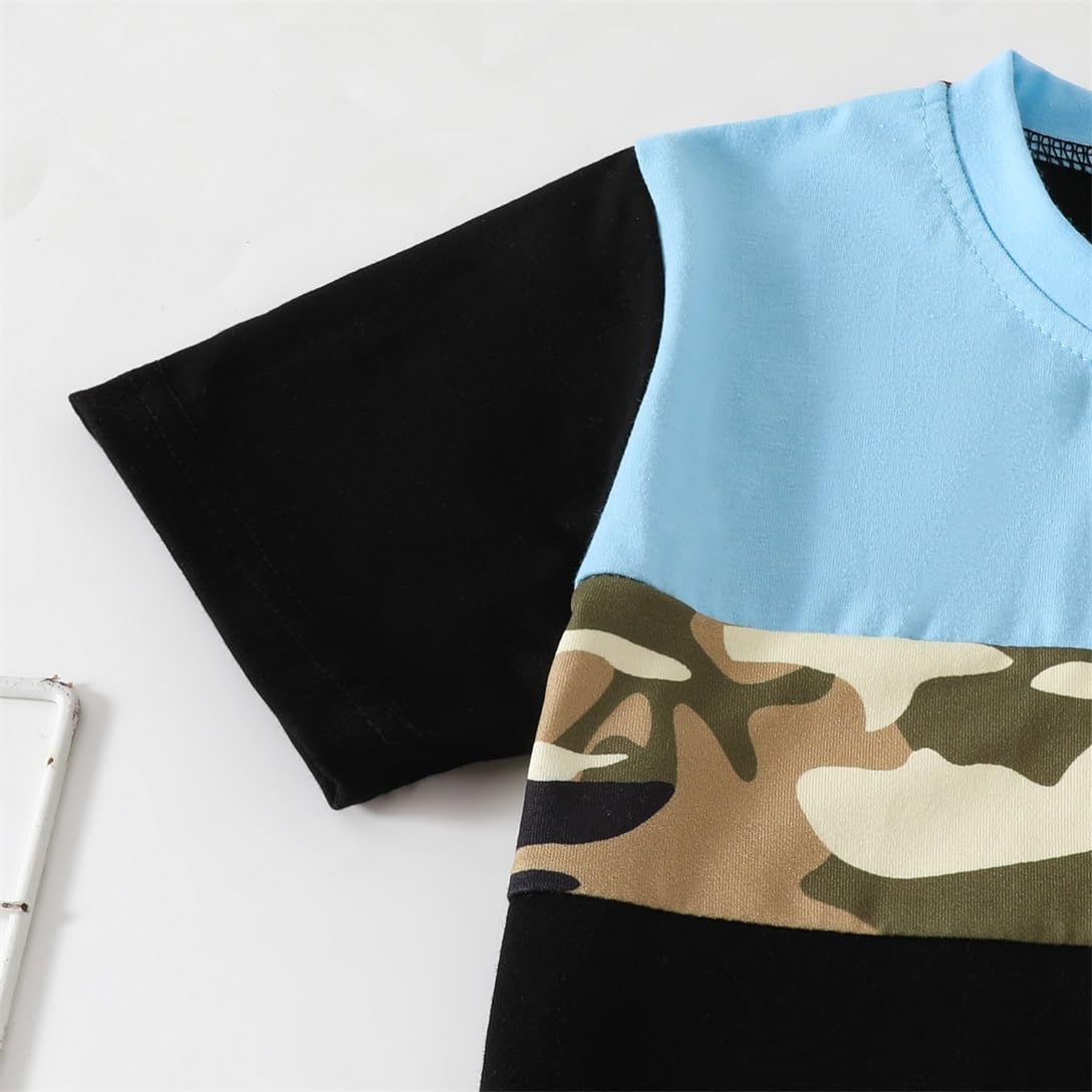 Boys 2 Piece Outfits Color Block Clothes Short Sleeve T Shirt and Camouflage Pants Summer Clothing Sets