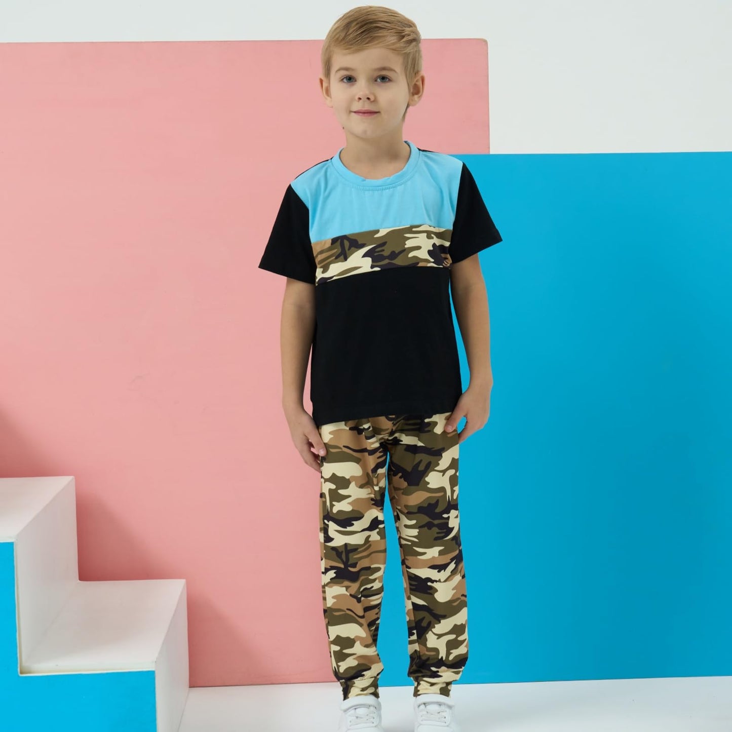 Boys 2 Piece Outfits Color Block Clothes Short Sleeve T Shirt and Camouflage Pants Summer Clothing Sets