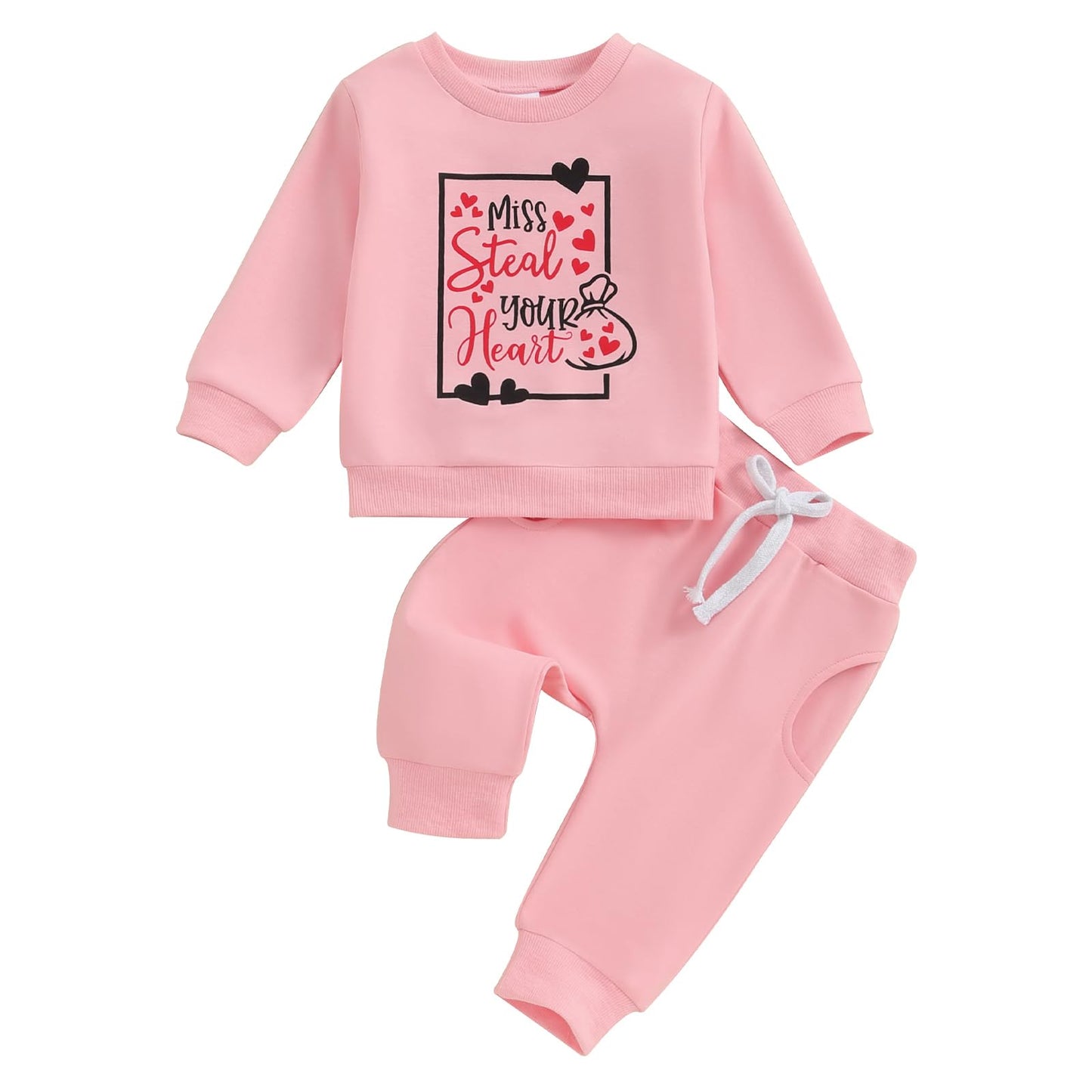 BeQeuewll Baby Girl Valentines Outfit Long Sleeve Heart Print Sweatshirt Jogger Pants 2Pcs Baby Girls Valentine Clothes