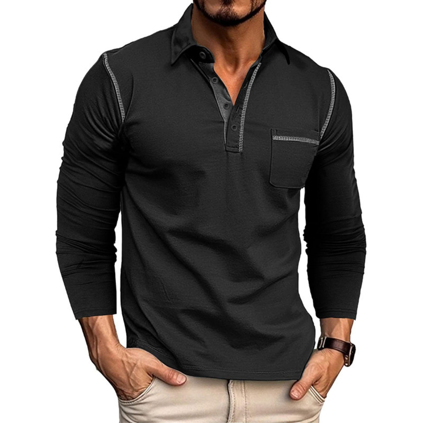 Men's Casual Polo Shirts Classic Long Sleeve Basic Button T-Shirt Lightweight Cotton Golf Tops with Pocket