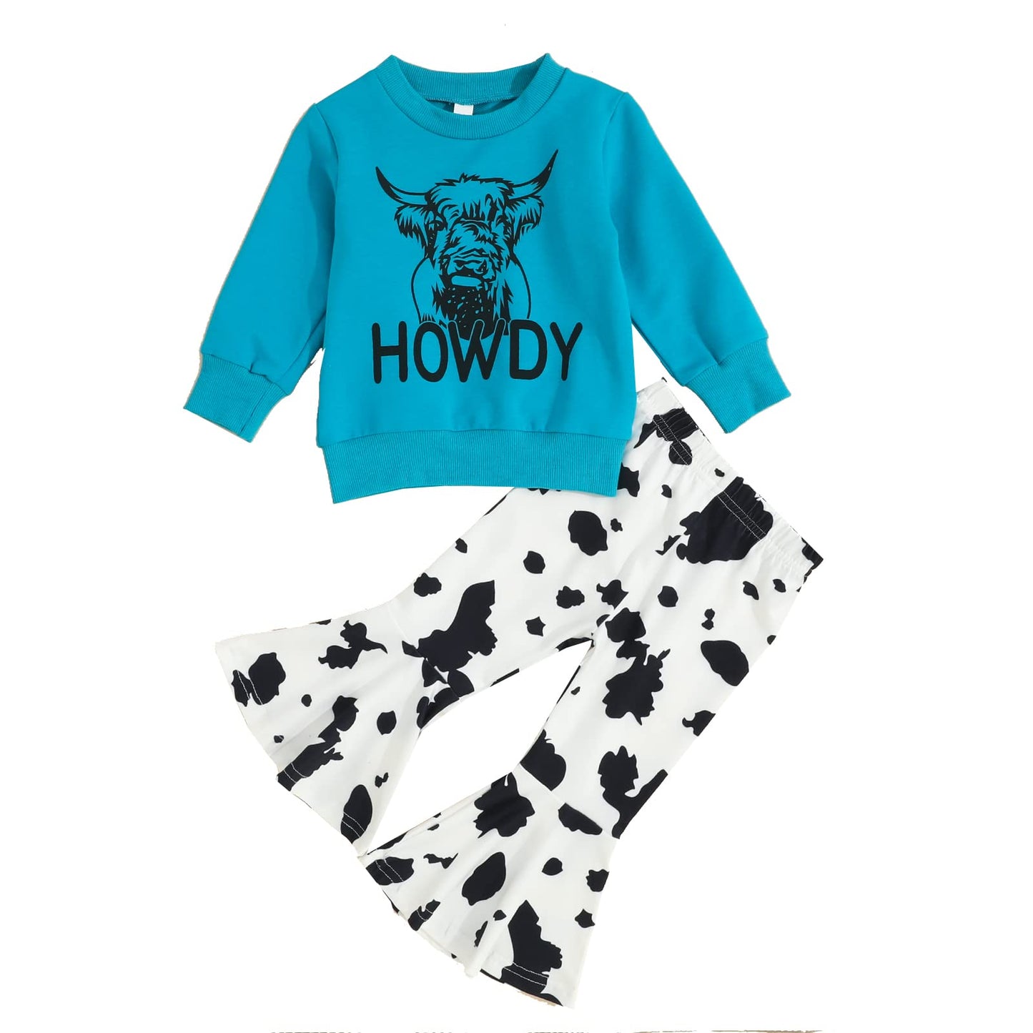 Toddler Kids Girls Clothes Sets Cow Print Long Sleeve Sweatshirt Pullover Flare Pants 2Pcs Fall Winter Outfits