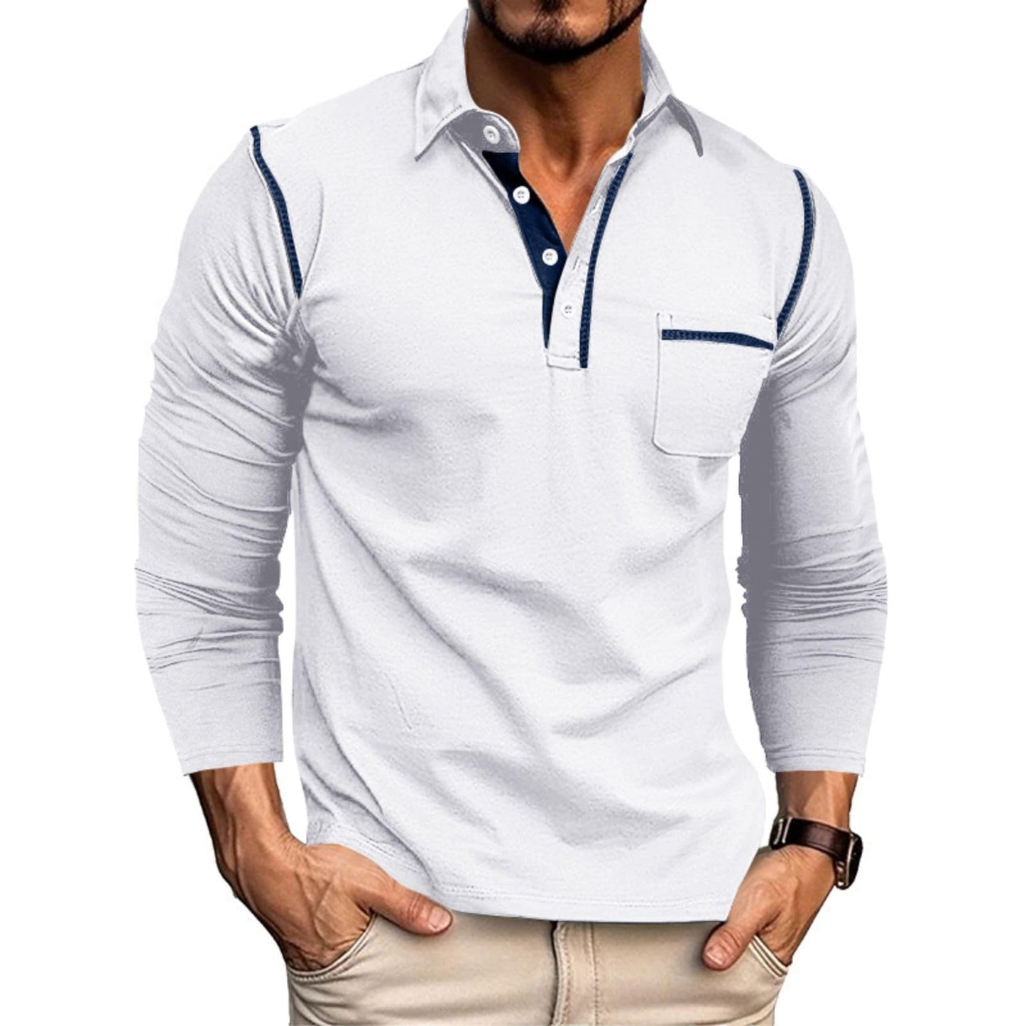 Men's Casual Polo Shirts Classic Long Sleeve Basic Button T-Shirt Lightweight Cotton Golf Tops with Pocket