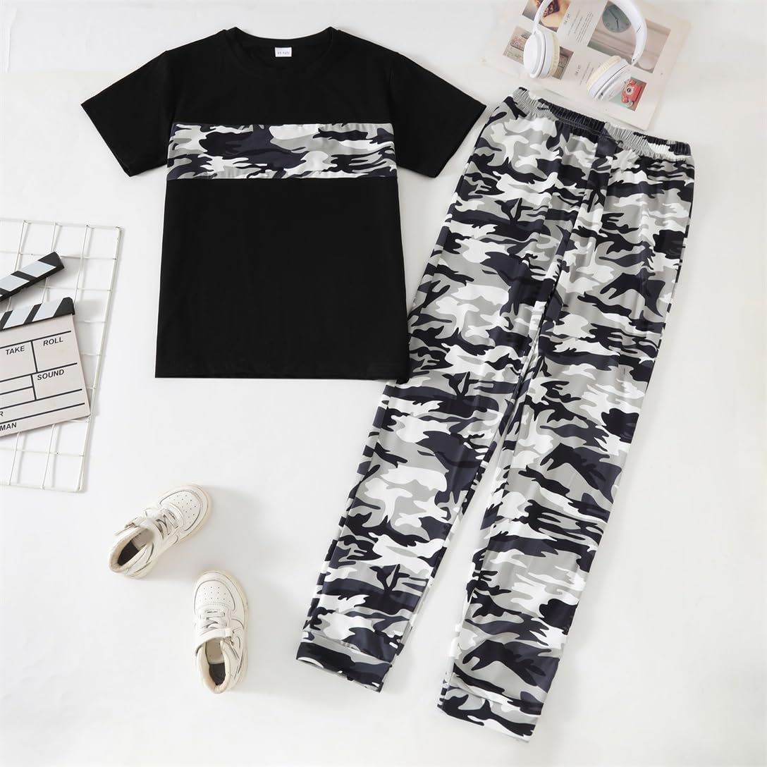 Boys 2 Piece Outfits Color Block Clothes Short Sleeve T Shirt and Camouflage Pants Summer Clothing Sets