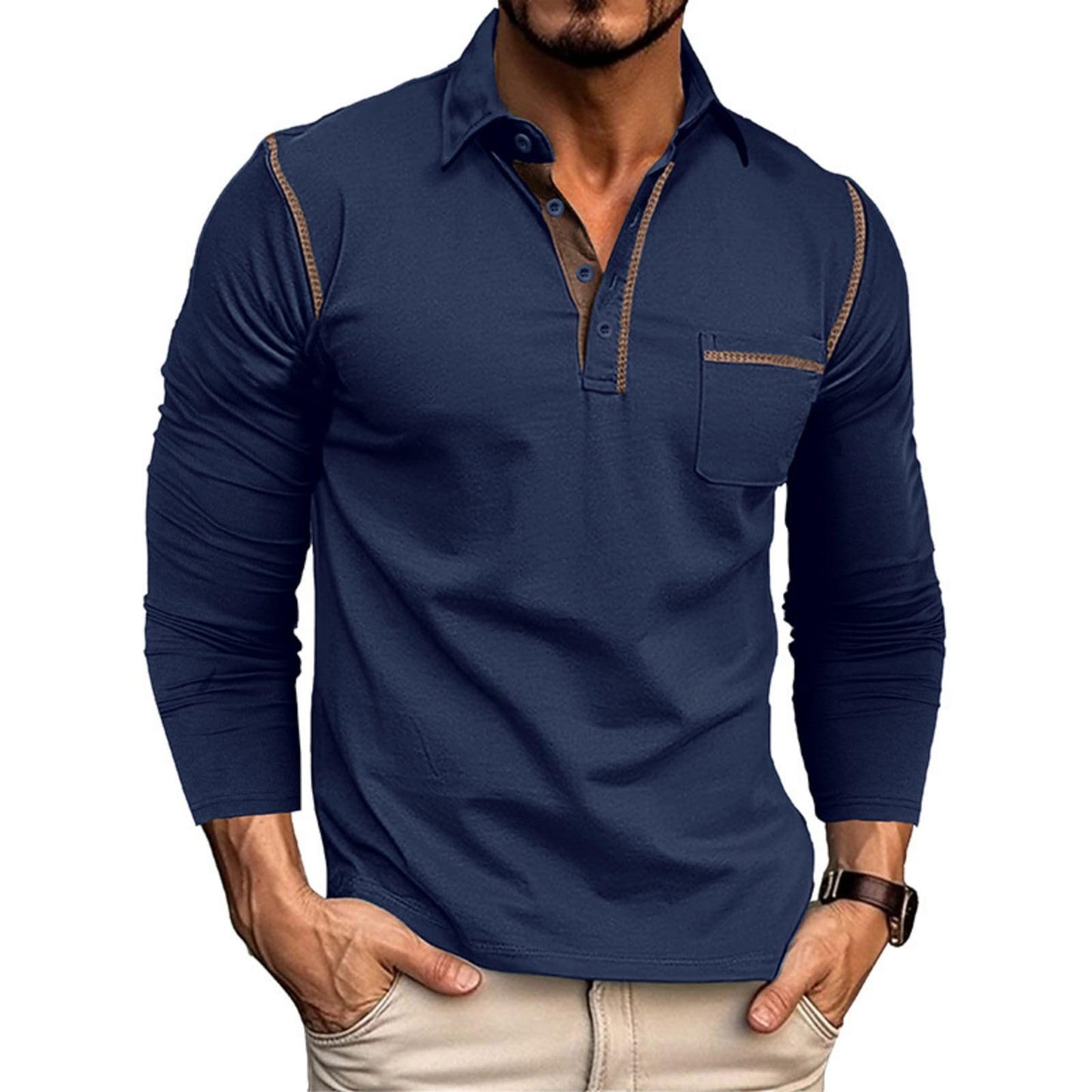 Men's Casual Polo Shirts Classic Long Sleeve Basic Button T-Shirt Lightweight Cotton Golf Tops with Pocket