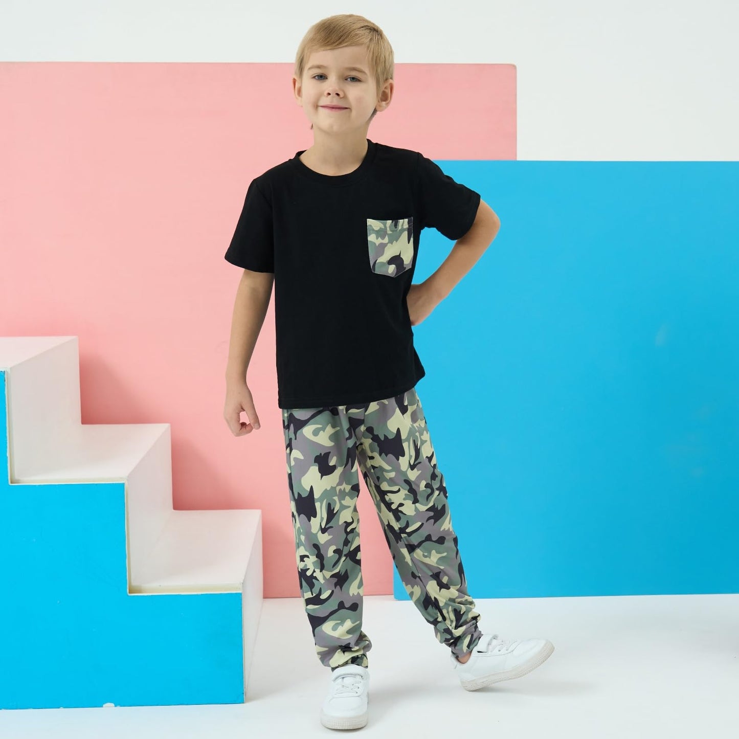 Boys 2 Piece Outfits Color Block Clothes Short Sleeve T Shirt and Camouflage Pants Summer Clothing Sets