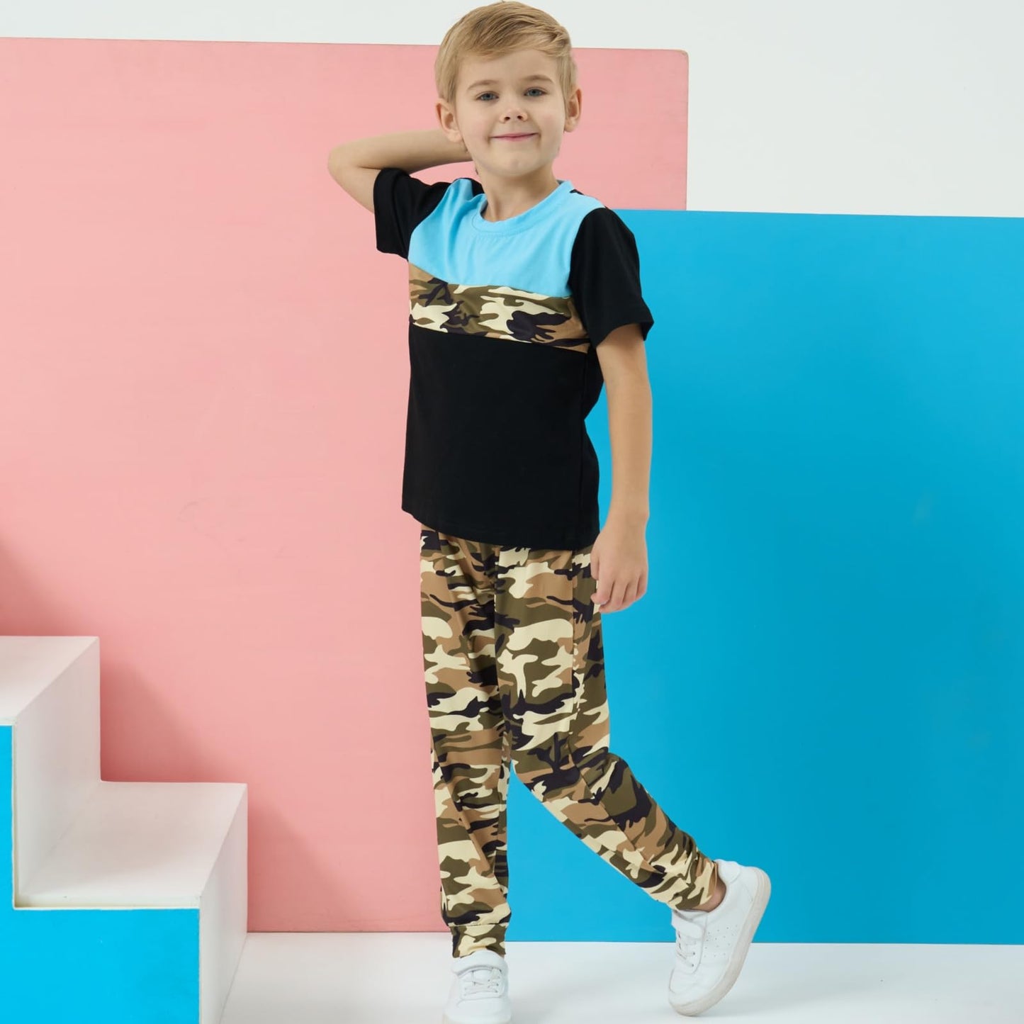 Boys 2 Piece Outfits Color Block Clothes Short Sleeve T Shirt and Camouflage Pants Summer Clothing Sets