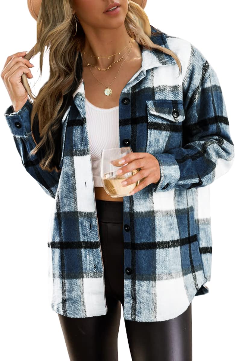 Trendy Queen Womens Flannel Shacket Casual Jacket Plaid Button Down Long Sleeve Shirt Fall Winter Outfits