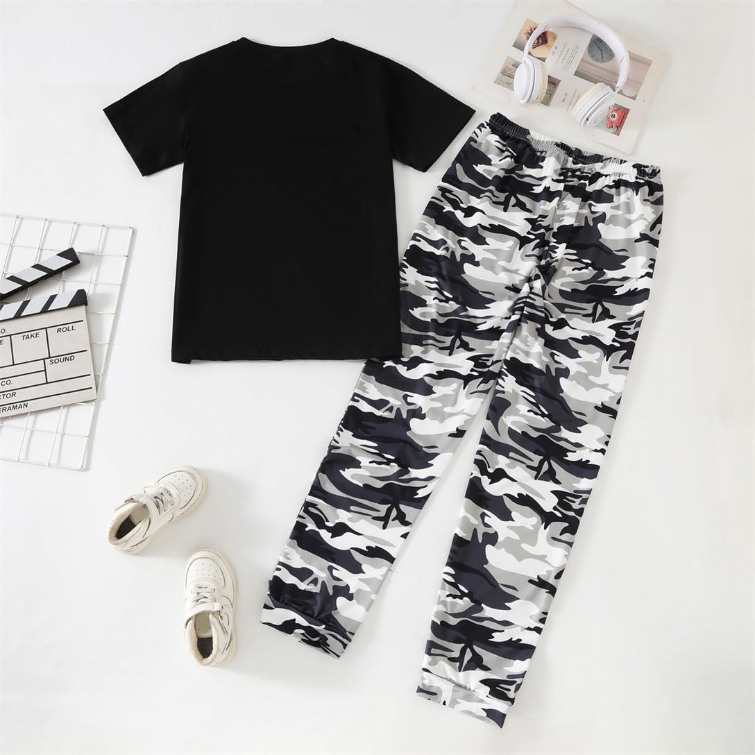 Boys 2 Piece Outfits Color Block Clothes Short Sleeve T Shirt and Camouflage Pants Summer Clothing Sets