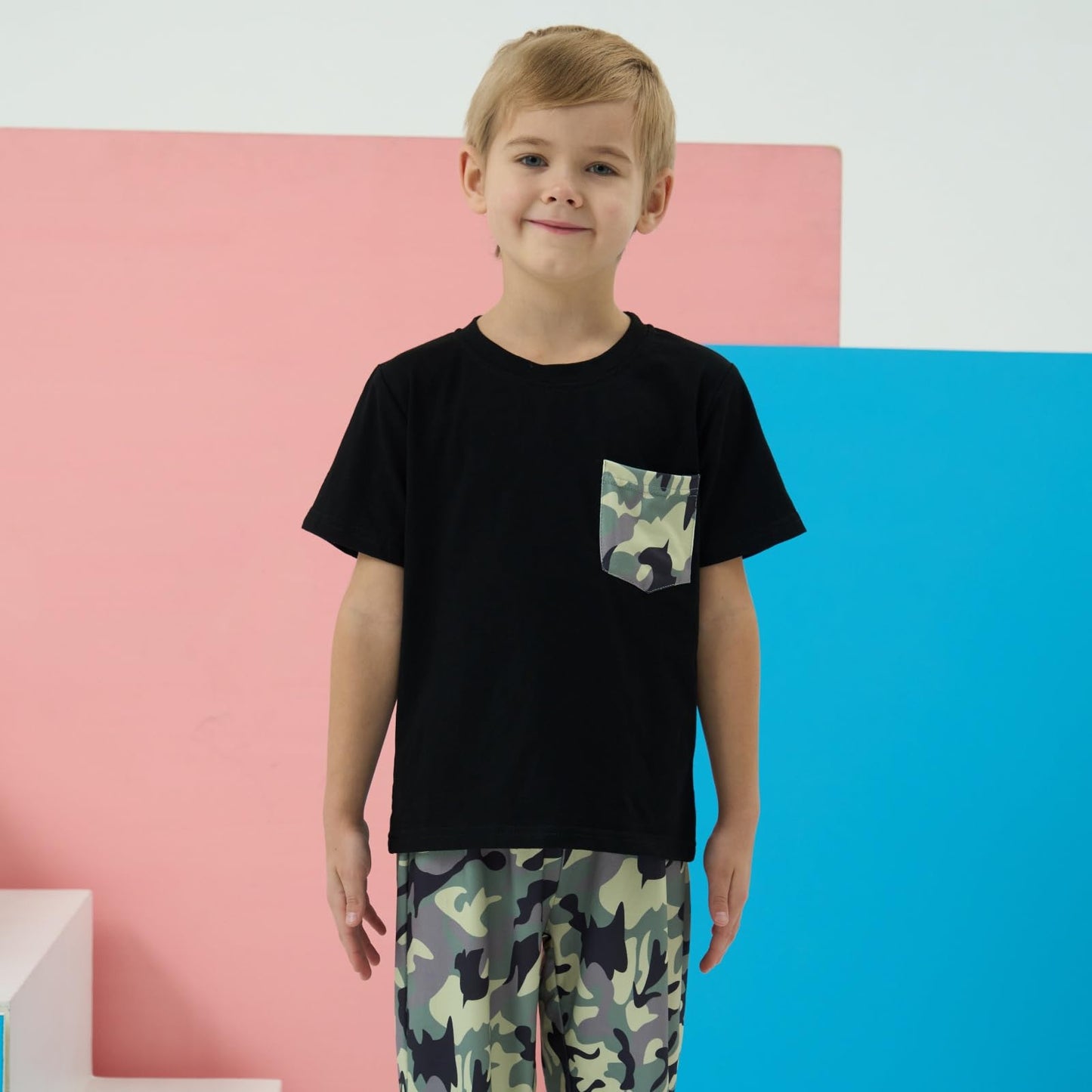 Boys 2 Piece Outfits Color Block Clothes Short Sleeve T Shirt and Camouflage Pants Summer Clothing Sets