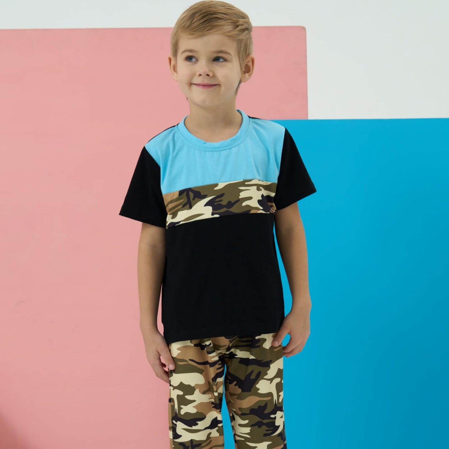 Boys 2 Piece Outfits Color Block Clothes Short Sleeve T Shirt and Camouflage Pants Summer Clothing Sets