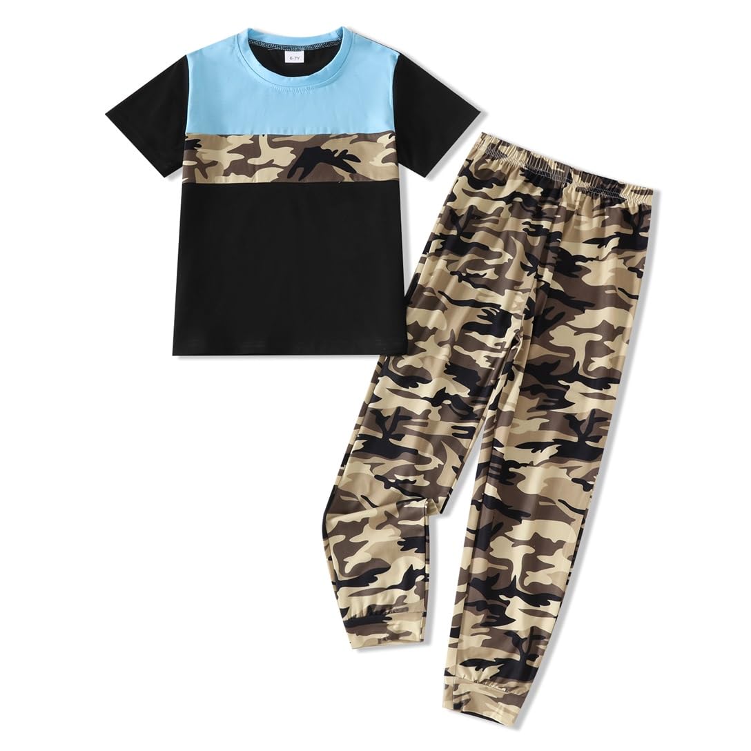 Boys 2 Piece Outfits Color Block Clothes Short Sleeve T Shirt and Camouflage Pants Summer Clothing Sets