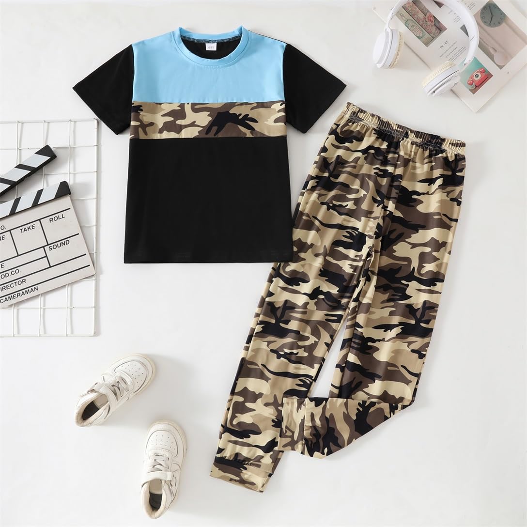 Boys 2 Piece Outfits Color Block Clothes Short Sleeve T Shirt and Camouflage Pants Summer Clothing Sets