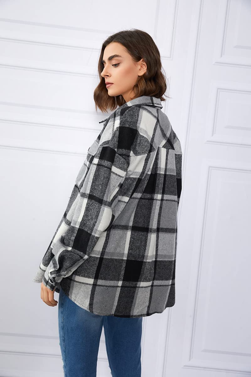 Trendy Queen Womens Flannel Shacket Casual Jacket Plaid Button Down Long Sleeve Shirt Fall Winter Outfits