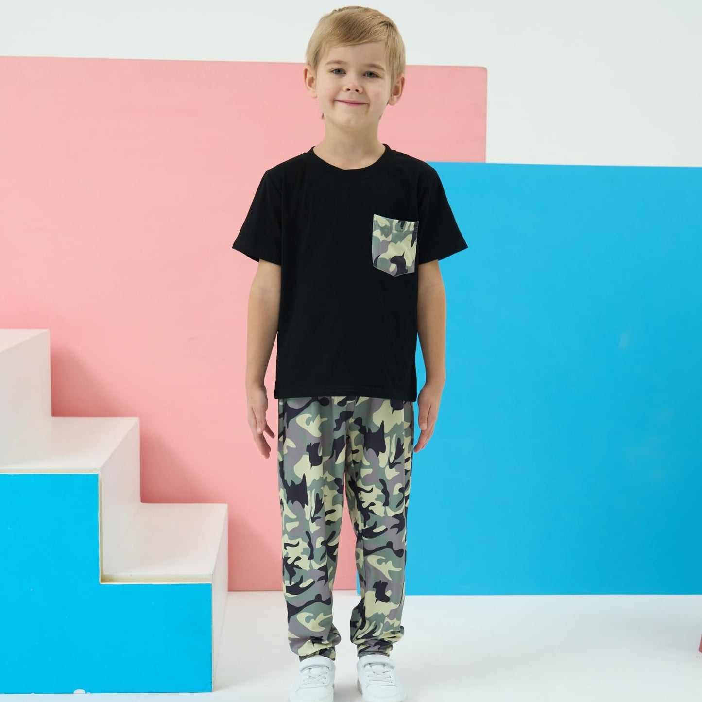 Boys 2 Piece Outfits Color Block Clothes Short Sleeve T Shirt and Camouflage Pants Summer Clothing Sets