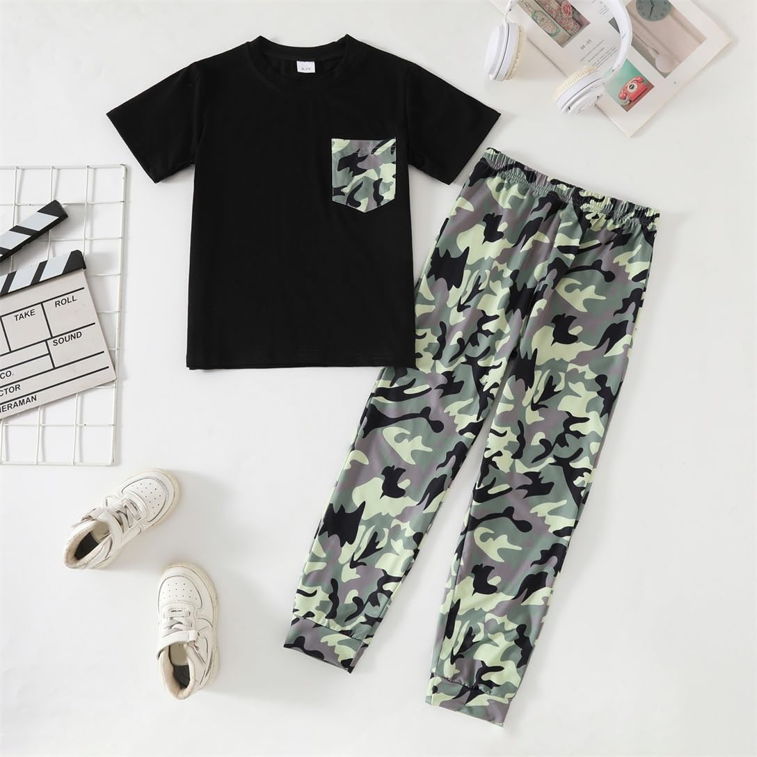 Boys 2 Piece Outfits Color Block Clothes Short Sleeve T Shirt and Camouflage Pants Summer Clothing Sets