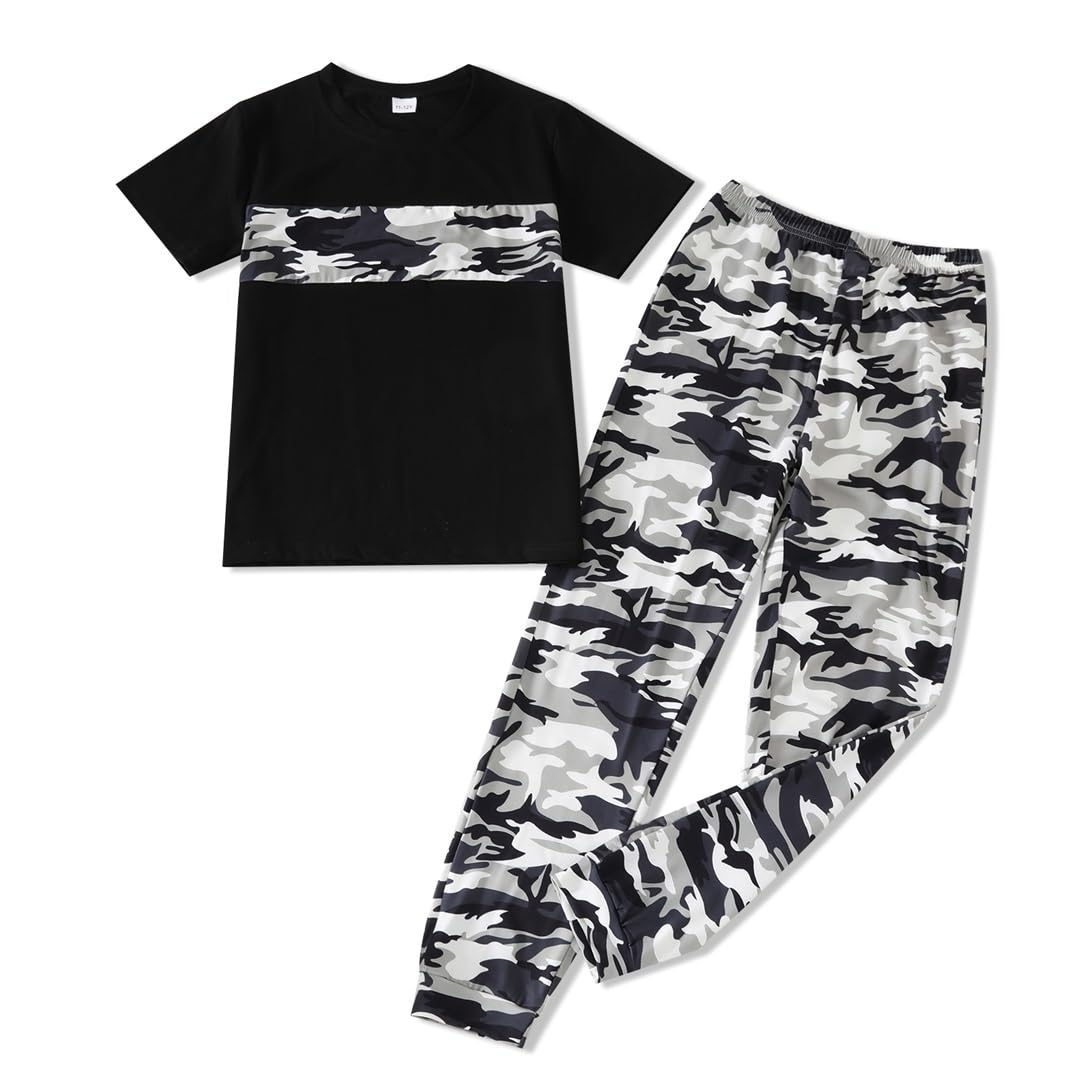 Boys 2 Piece Outfits Color Block Clothes Short Sleeve T Shirt and Camouflage Pants Summer Clothing Sets