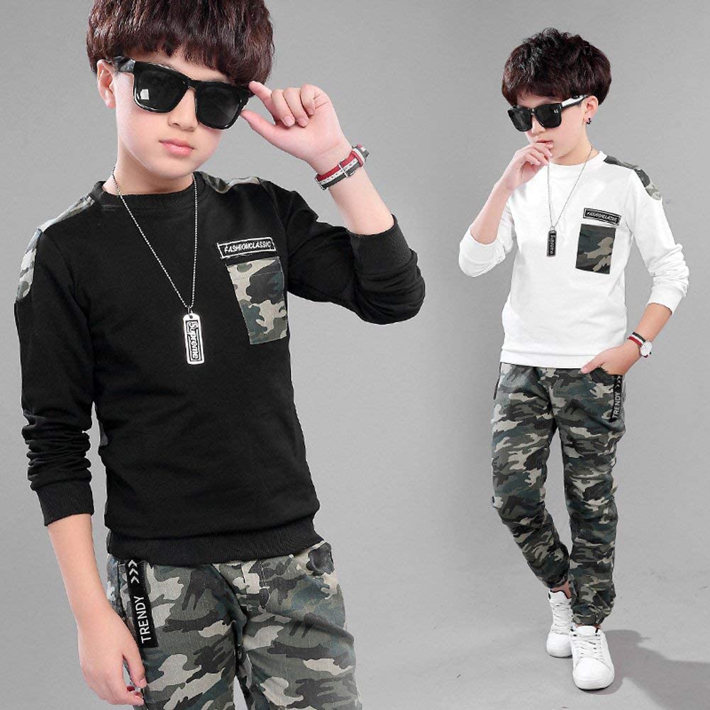 lontakids Boys 2 Pieces Set Long Sleeve Tops + Camouflage Pants Outfits Boys Clothes Set