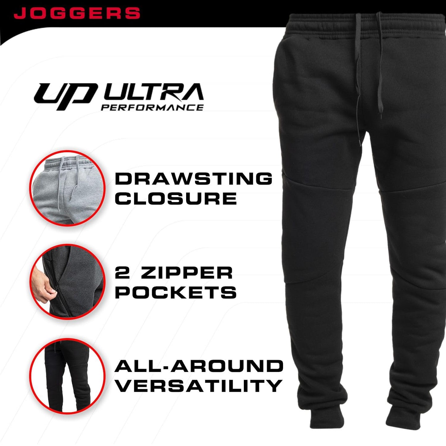 Ultra Performance 3 Pack Fleece Active Tech Joggers for Men, Mens Sweatpants with Zipper Pockets