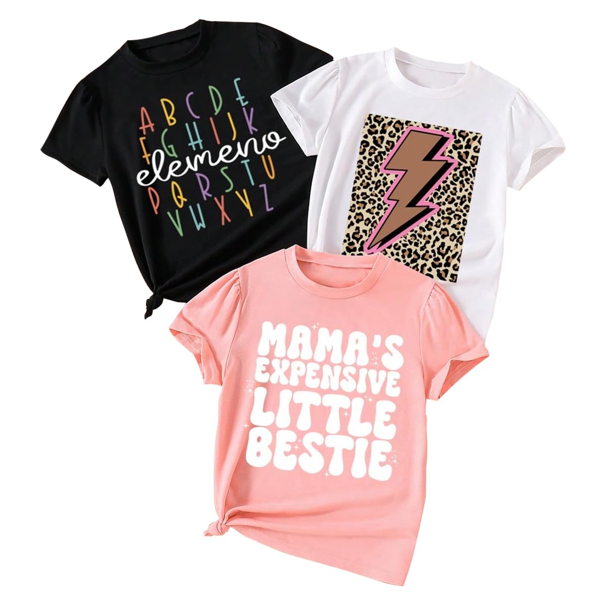 Toddler Basic T-Shirt - Letter and Lightning Print Short Sleeve Sets - Girl Summer Short Sleeve 3 Pack Top (3-7T)