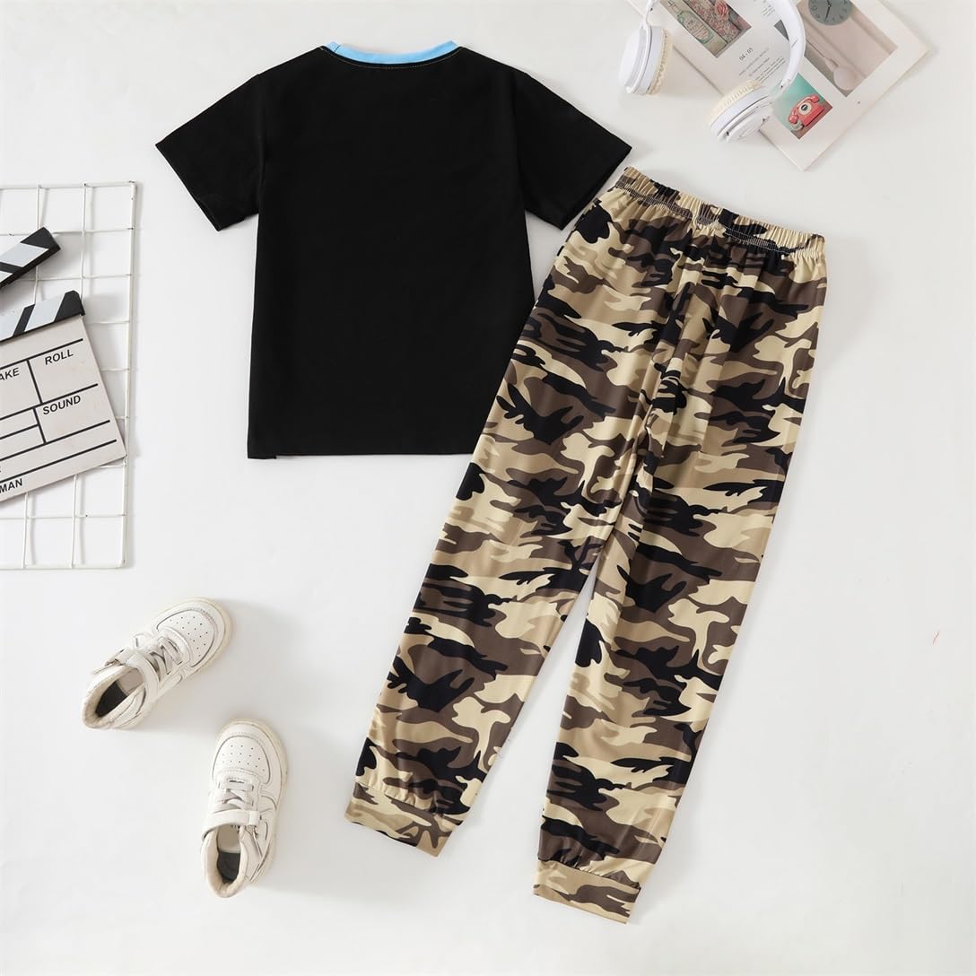 Boys 2 Piece Outfits Color Block Clothes Short Sleeve T Shirt and Camouflage Pants Summer Clothing Sets