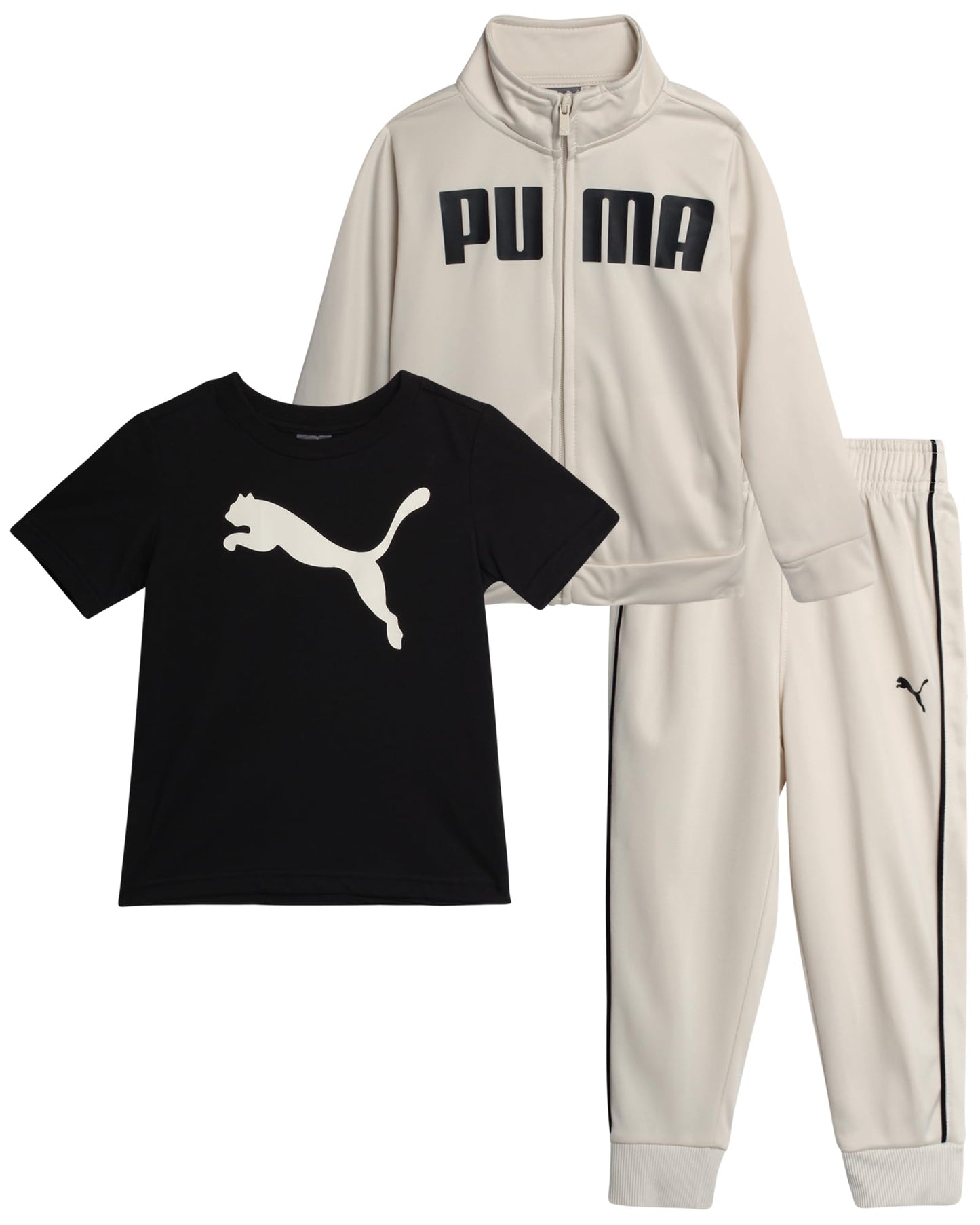 PUMA Toddler Boys Pants Set - 3 Piece Athletic T-Shirt, Zip Up Jacket, Jogger Pants - Boys Activewear Tricot Jogset (12M-4T)