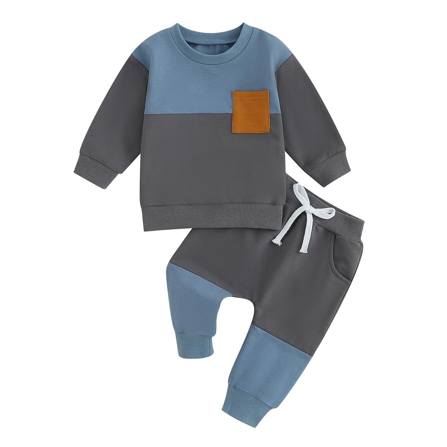 Kupretty Toddler Baby Boy Fall Winter Clothes Color Block Long Sleeve Sweatshirt Pullover Tops + Joggers Pants Outfit Set