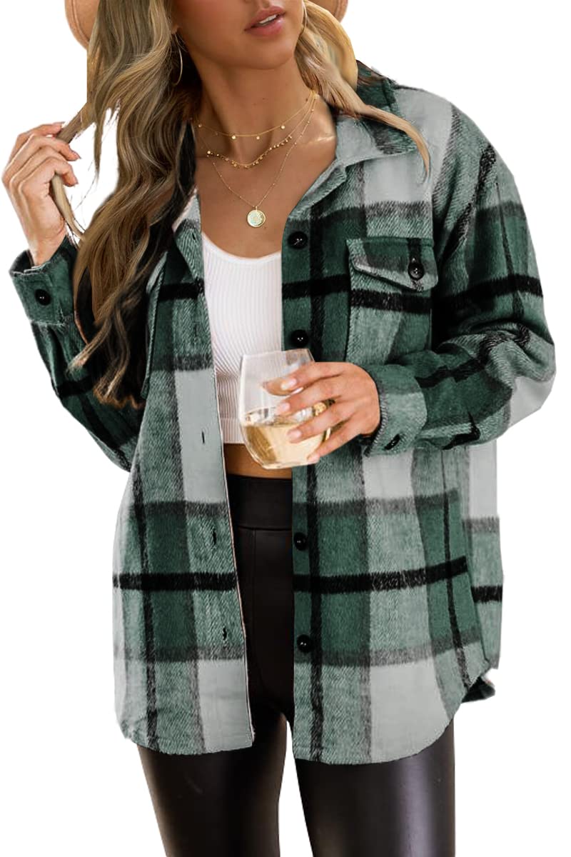 Trendy Queen Womens Flannel Shacket Casual Jacket Plaid Button Down Long Sleeve Shirt Fall Winter Outfits