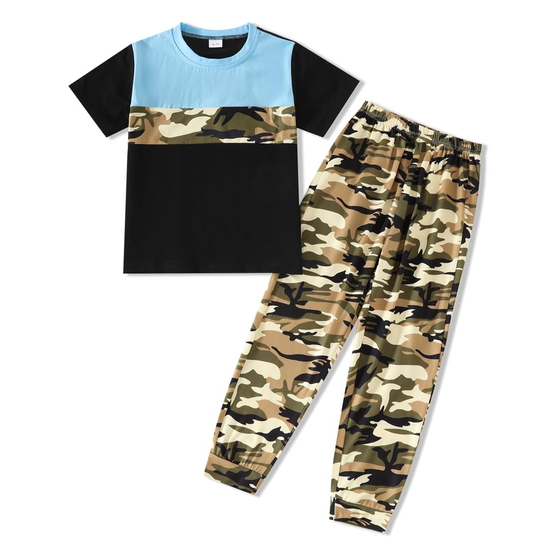 Boys 2 Piece Outfits Color Block Clothes Short Sleeve T Shirt and Camouflage Pants Summer Clothing Sets