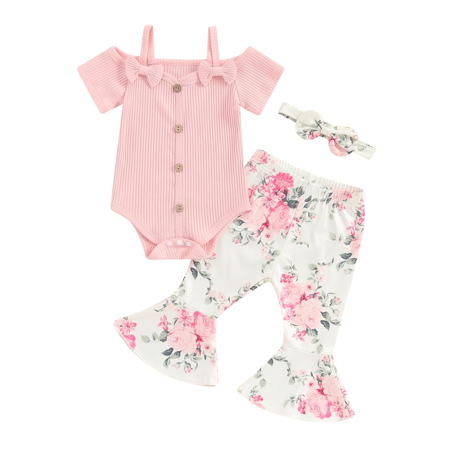 fhutpw Newborn Baby Girl Clothes Infant Rib Frill Long Sleeve Romper Flared Pants Headband Set 3pcs Fall Winter Outfits