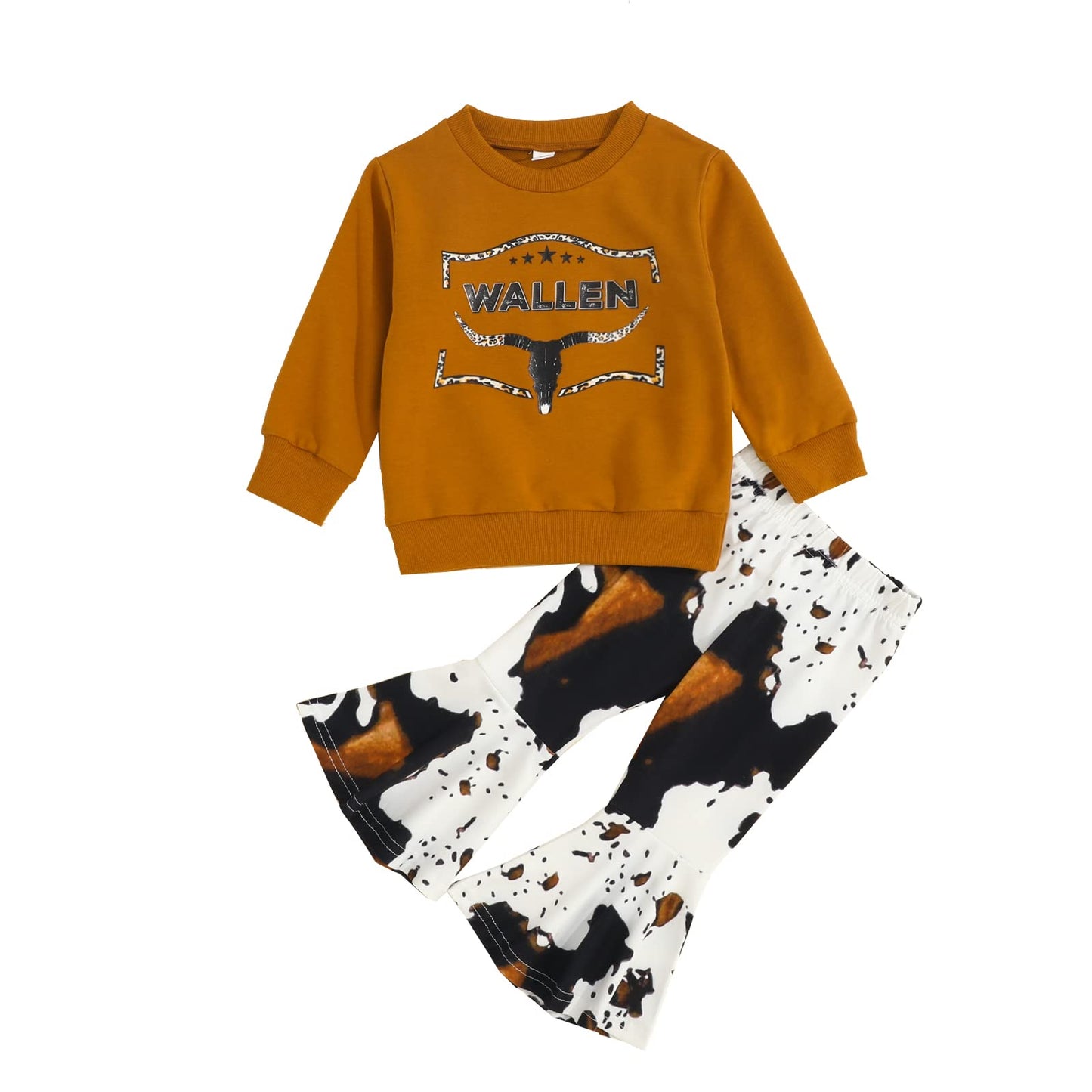 Toddler Kids Girls Clothes Sets Cow Print Long Sleeve Sweatshirt Pullover Flare Pants 2Pcs Fall Winter Outfits