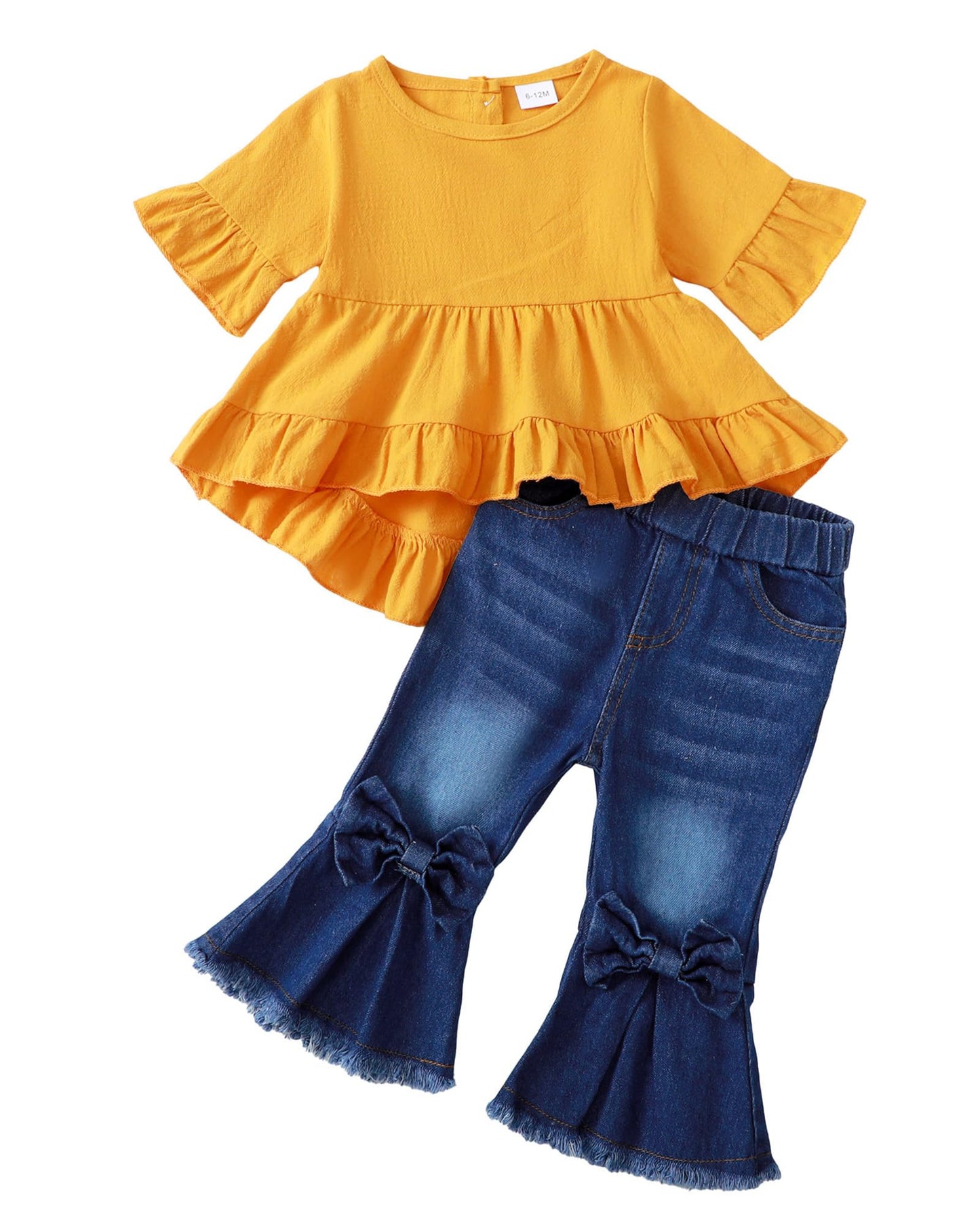 Kucnuzki Toddler Baby Girls Clothes Short Sleeve Shirt Top Flare Denim Jeans 2 Piece Outfits For Girls Cute Clothing Set