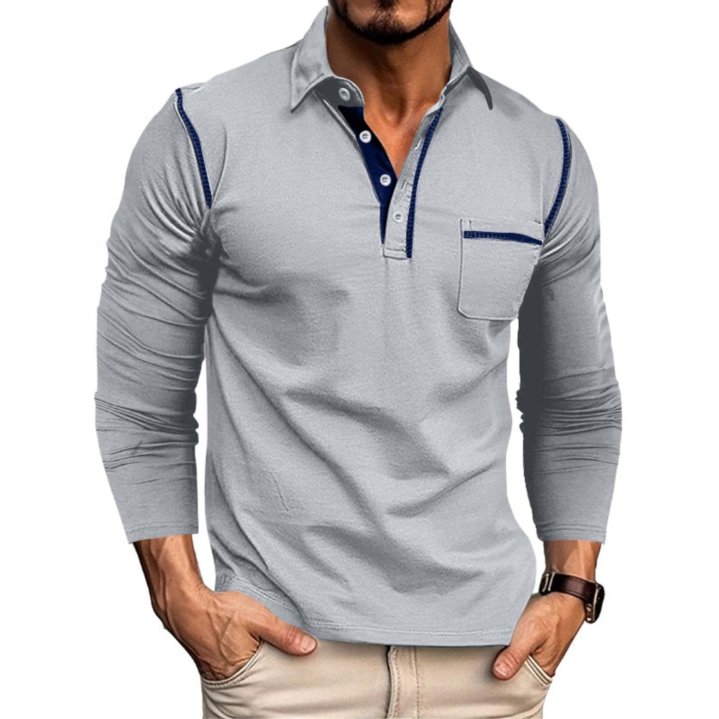 Men's Casual Polo Shirts Classic Long Sleeve Basic Button T-Shirt Lightweight Cotton Golf Tops with Pocket