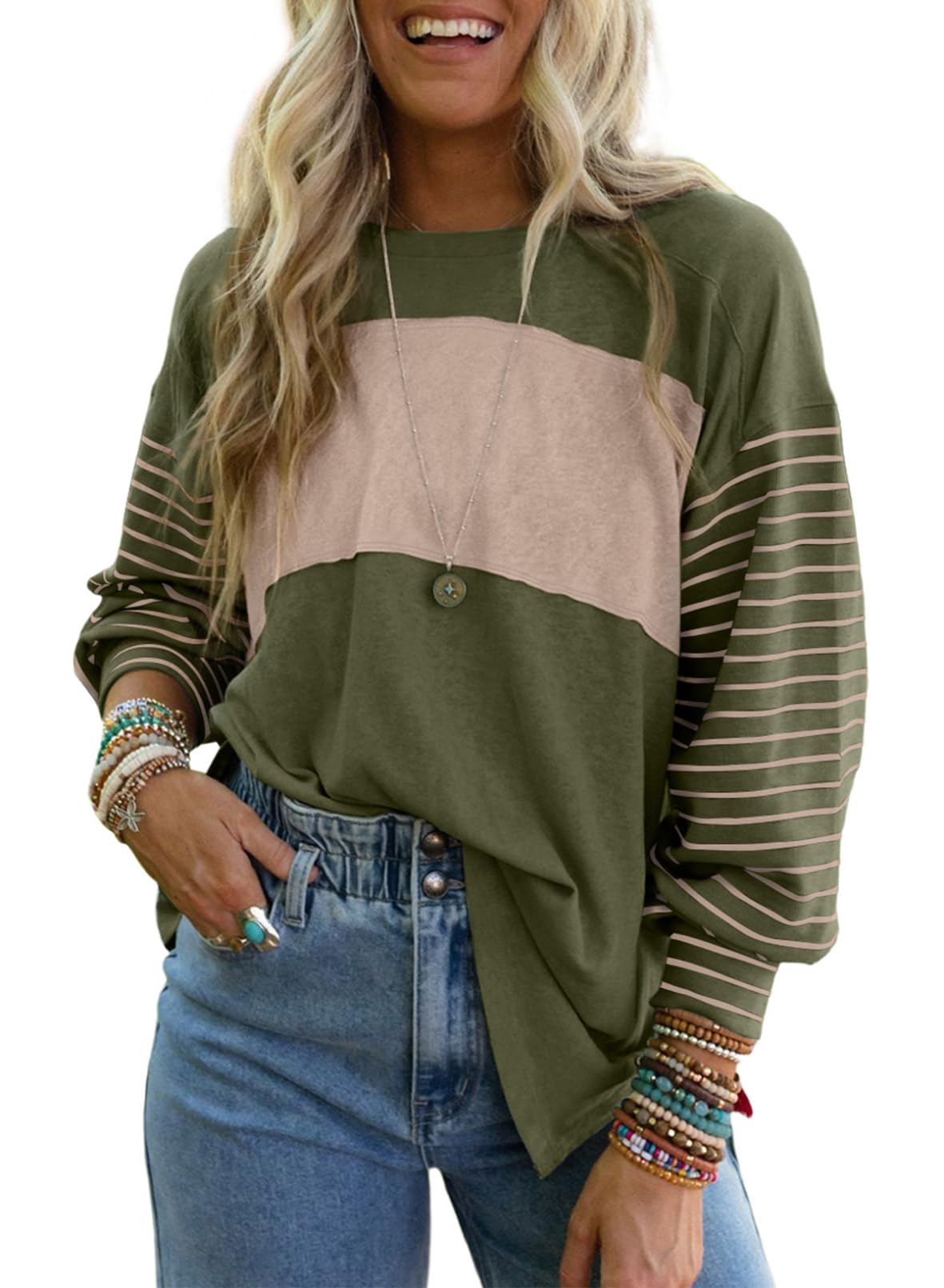 Dokotoo Long Sleeve Spring Tops Oversized 2025 Trendy Round Crew Neck Casual Color Block Womens Shirts Blouses