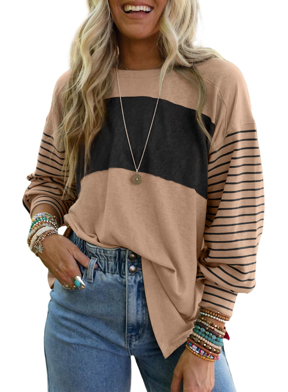 Dokotoo Long Sleeve Spring Tops Oversized 2025 Trendy Round Crew Neck Casual Color Block Womens Shirts Blouses